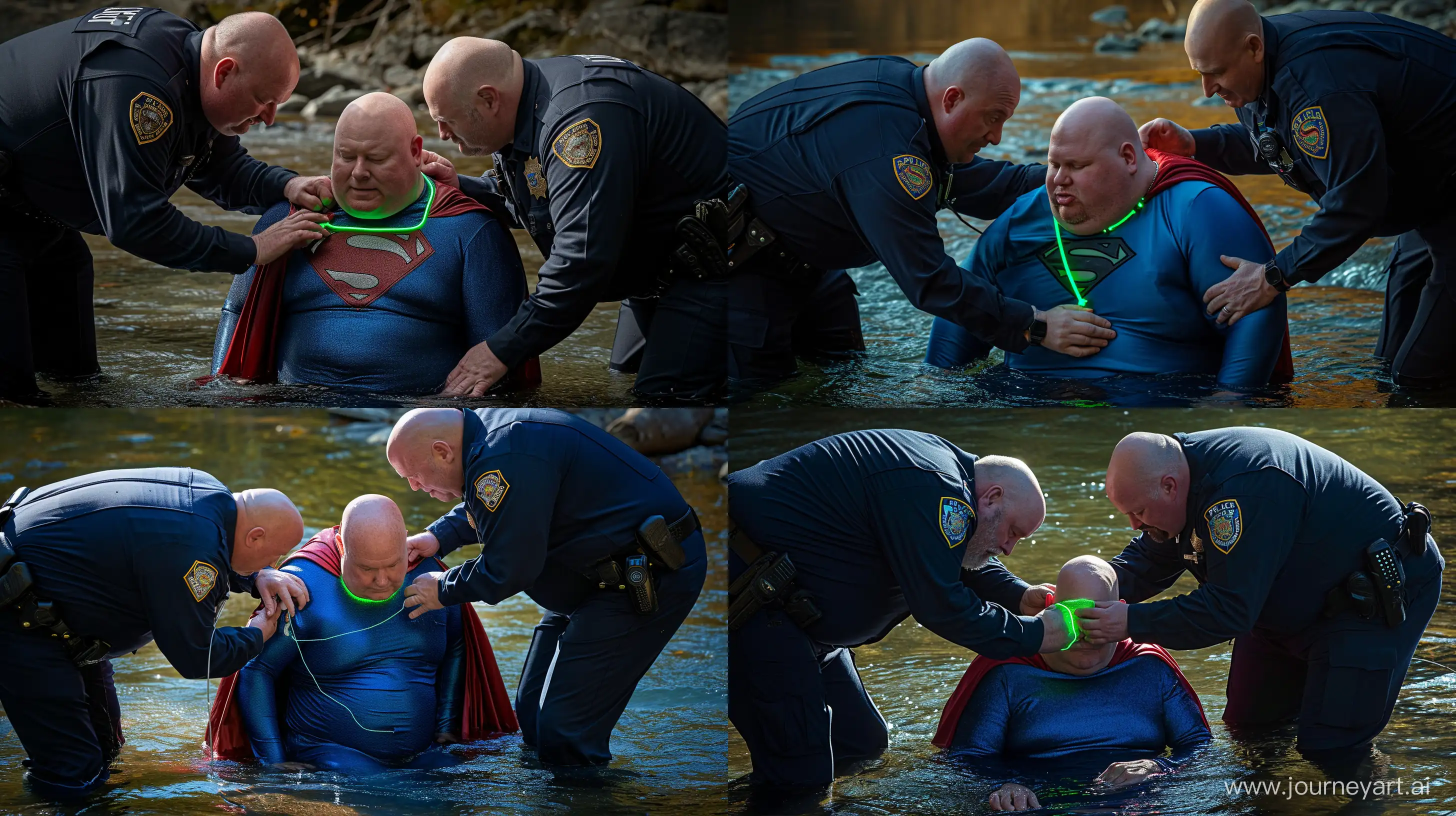 A closeup photo of two chubby man aged 60 wearing a long-sleeved navy police uniform, bending in front and tightening a green glowing small short dog collar on the neck of another chubby man aged 60 sitting in the water and wearing a tight blue silky superman costume with a large red cape. Stream. Natural Light. Bald. Clean Shaven. --style raw --ar 16:9 --v 6