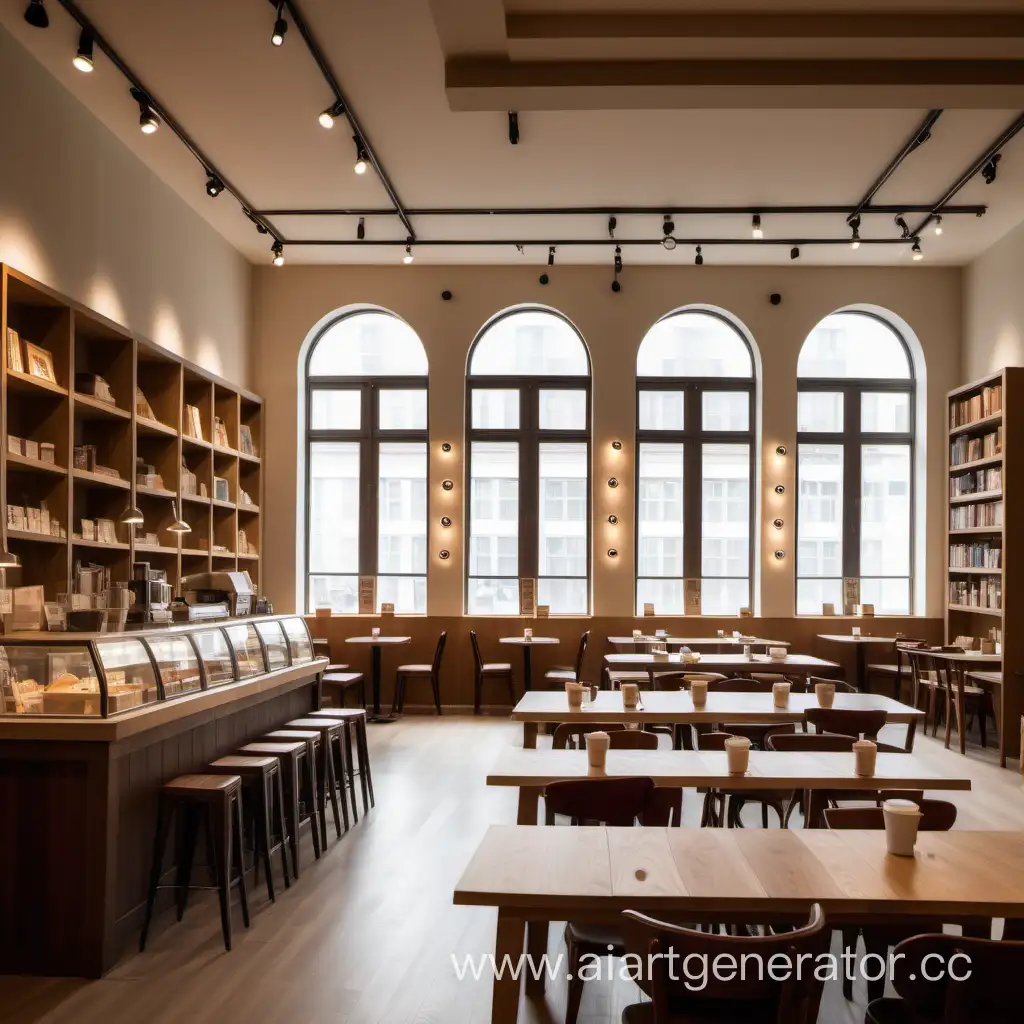 A spacious room with three tall windows. It's a coffee shop. Inside there are tables for one and two people, and bookshelves made of wood are also nearby. There are table lamps on the tables. There are tracker lights on the ceiling. Light shades of beige, milk-coffee predominate.