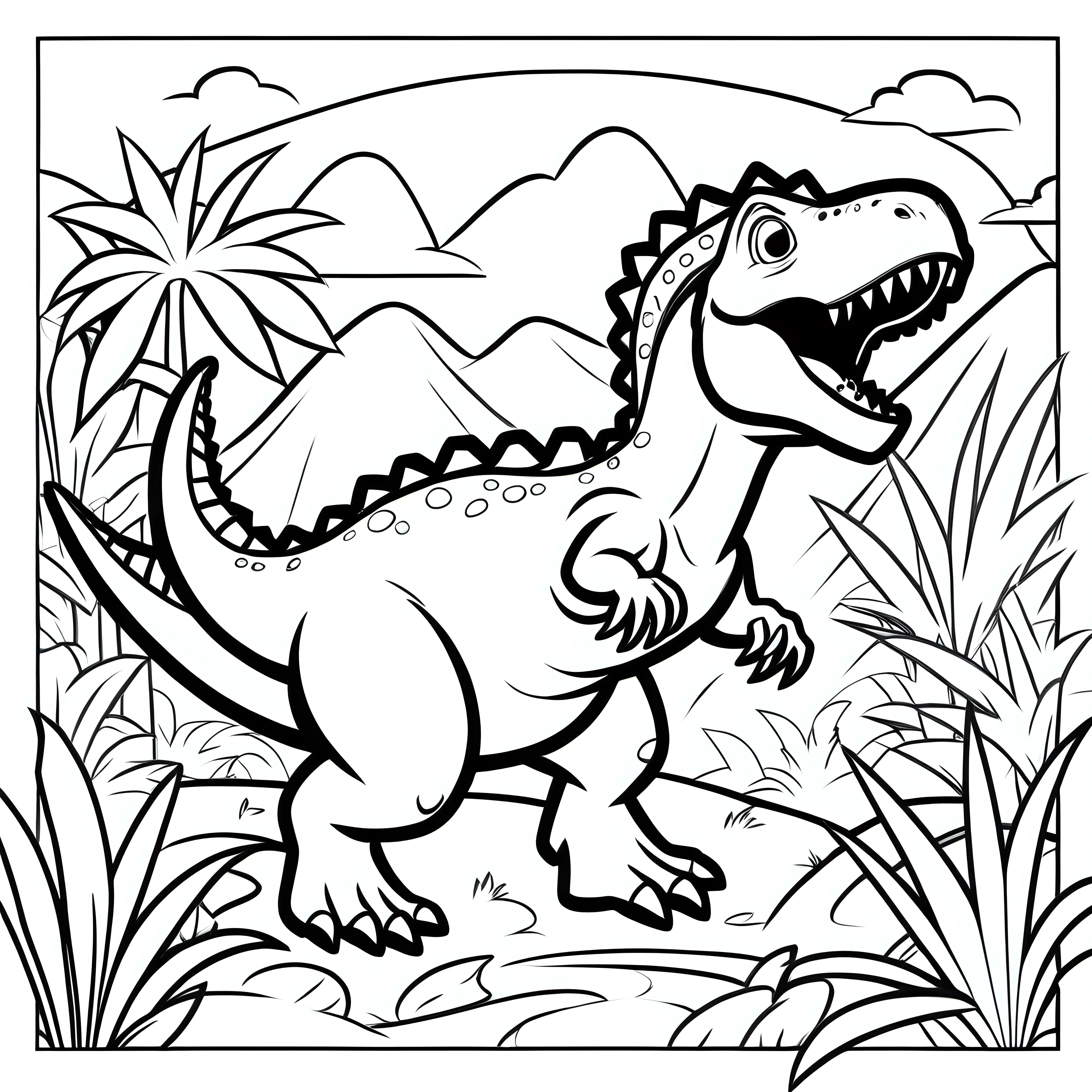 Simple black line Children's dinosaur fight colouring book page