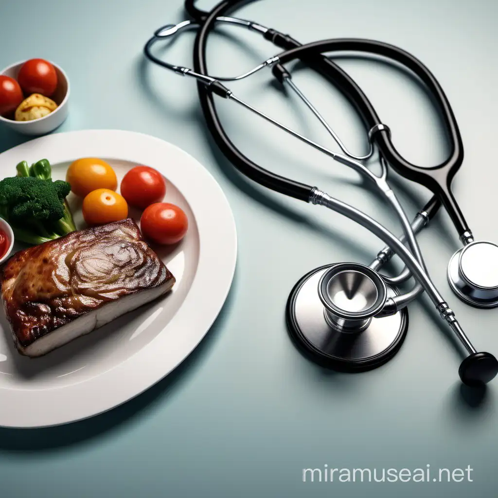 mesa servida con comida cena y a lado un estetoscopio de medico elegante, realista
