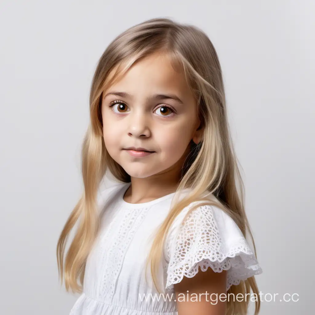 Маленькая девочка со светлыми волосамии кариеми глазаит вполоборота  на белом фоне