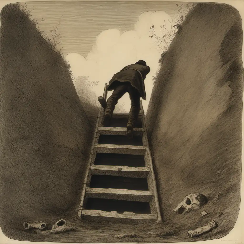 A man seen from the back Climbing out of the hoke of a dug grave at a cemetery on a ladder, renessanse painting