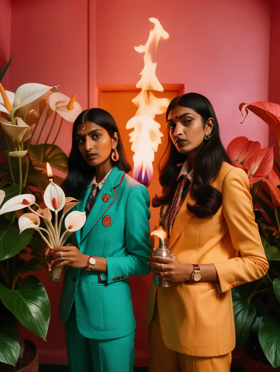 two indian women wearing gucci shooting flamethrowers with white anthuriums in the background, wes anderson colors, even low light, 35mm