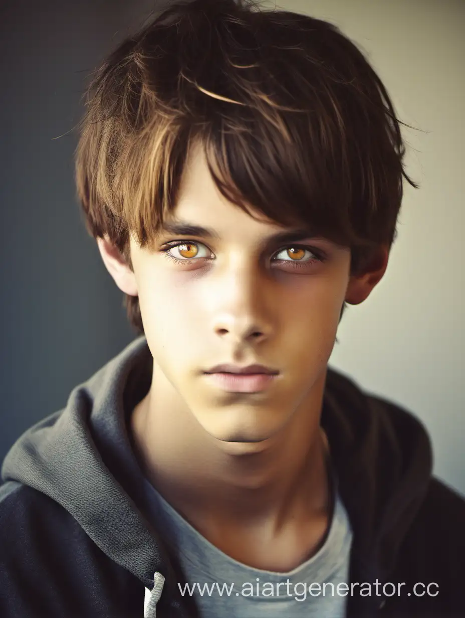 Young man, teenager, brown hair and amber eyes