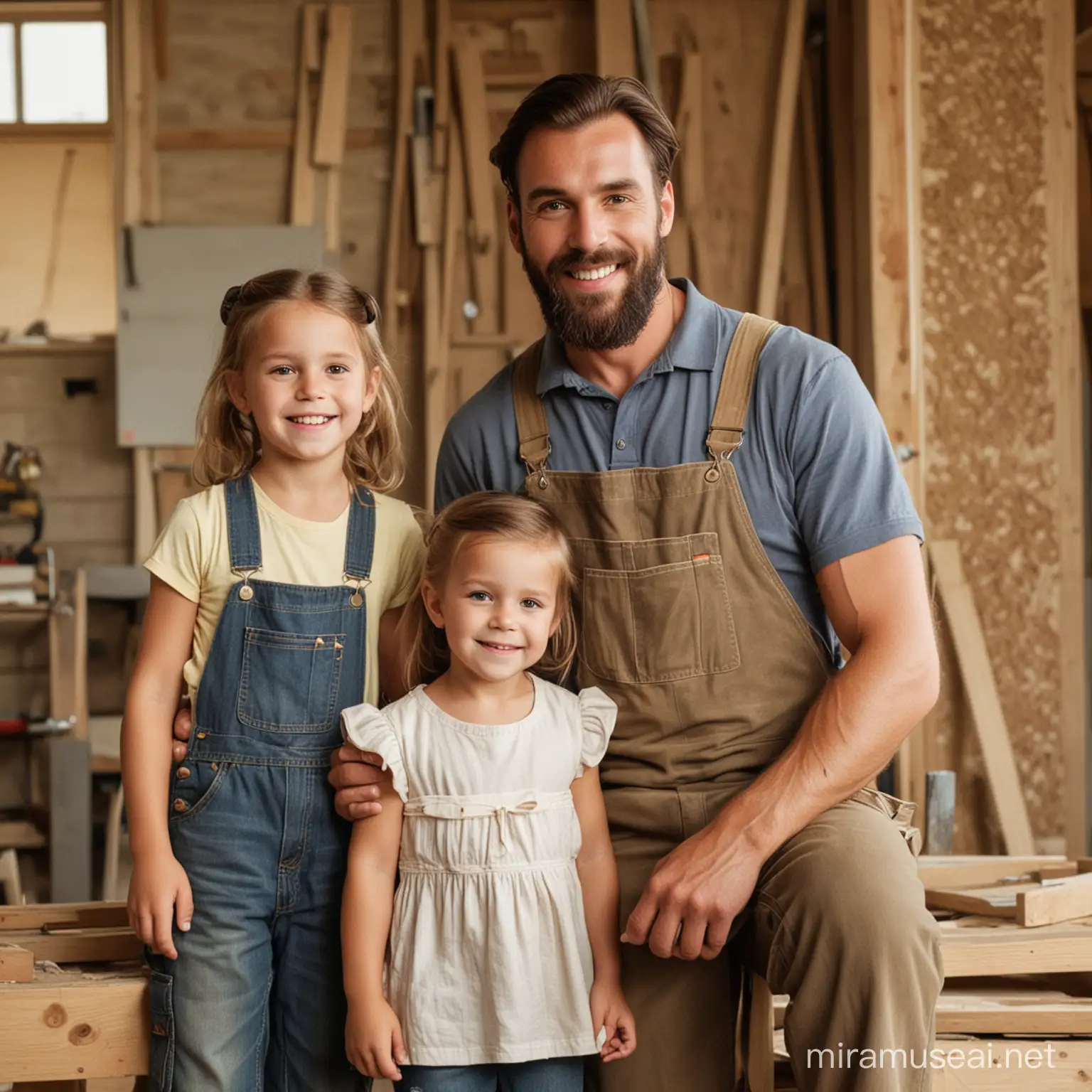 a carpenter man in his 25-30's with his 4 year old daughter and 6 year old son