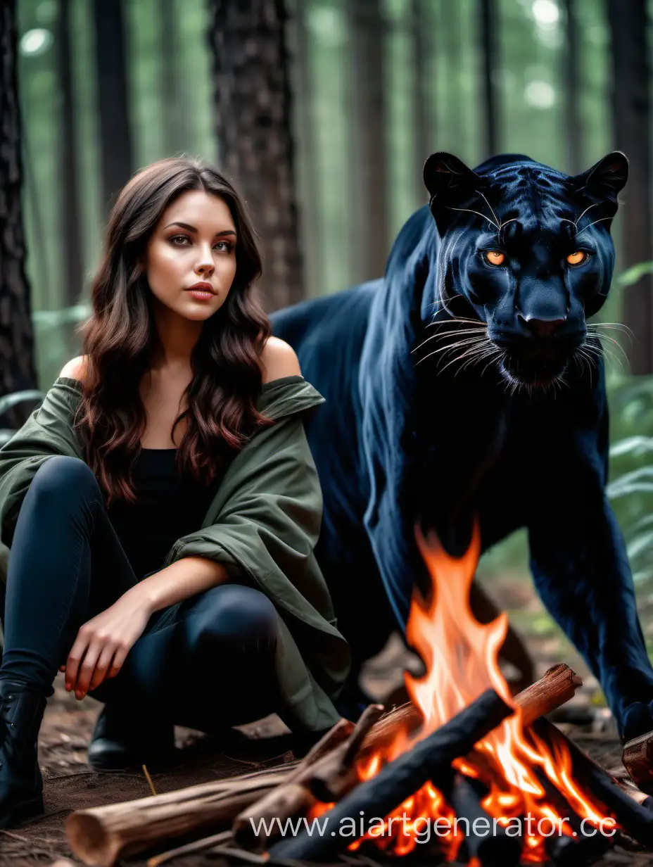 Brunette-Woman-Enjoying-Campfire-with-Black-Panther-in-Enchanted-Forest
