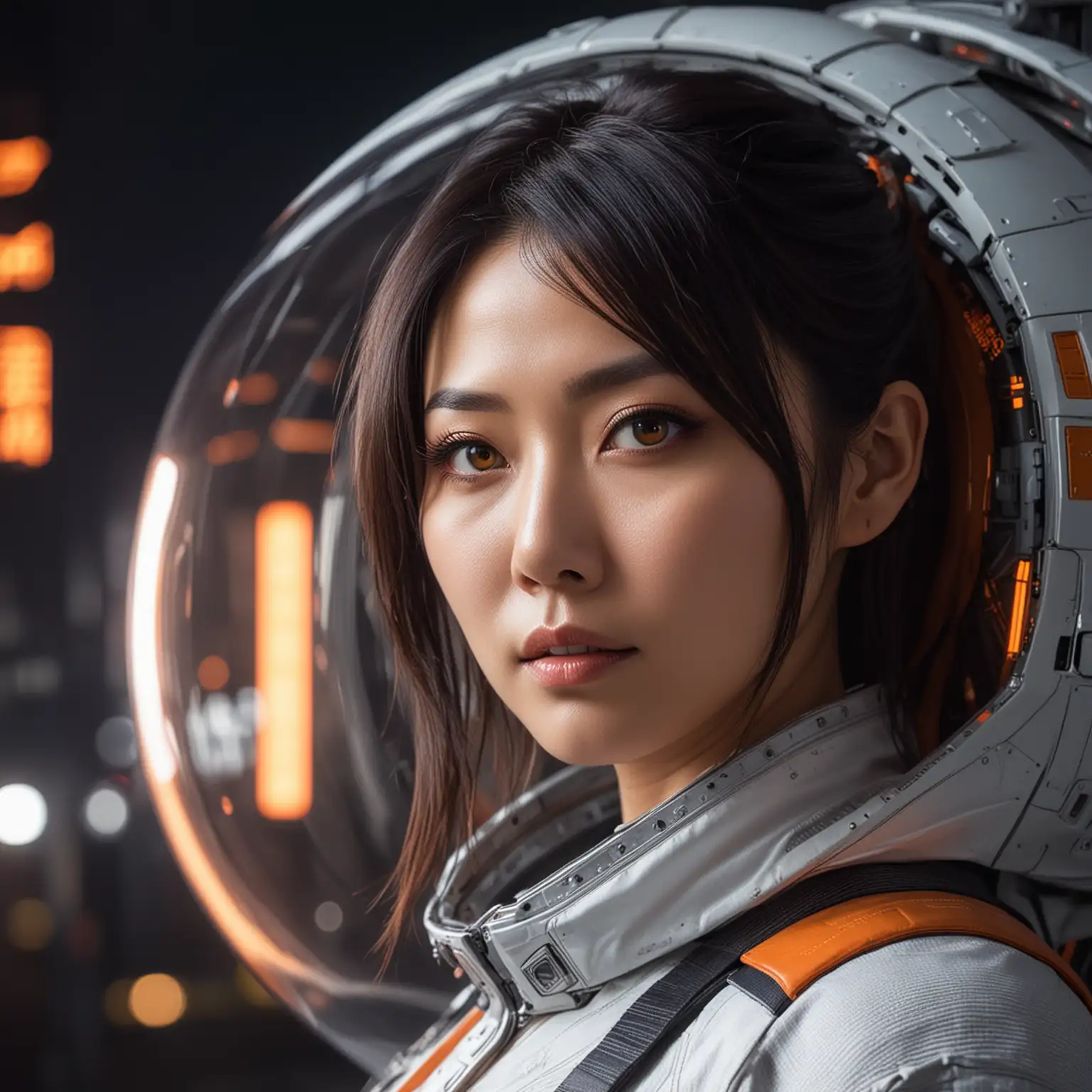 A sultry eastern woman, 35 years old, confident look, orange eyes, with futuristic japanese style, in a spaceship over a dark city