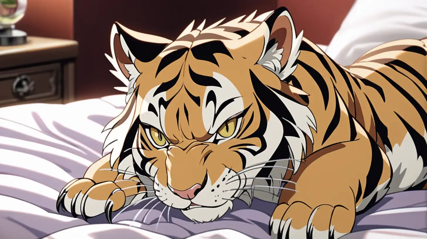 rabid anime tigress animal with bedroom eyes, laying in bed looking at camera, panting heavily