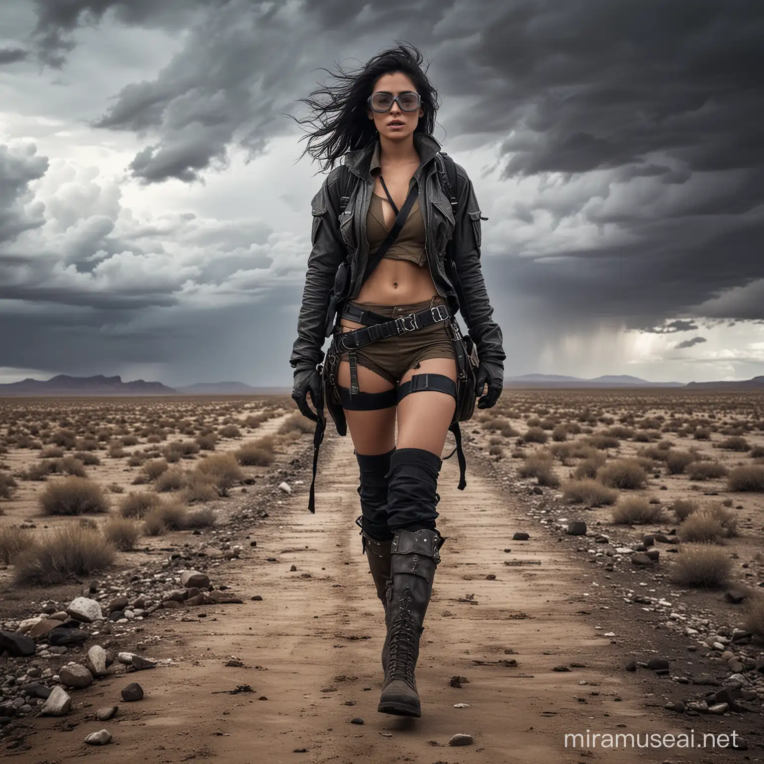 Create the journey of a lone, weathered seductive female beautiful nomad traversing a vast, desolate wasteland. They carry a full backpack, walking through a harsh, gritty landscape, as distant storm clouds threaten further chaos.  Wearing combat boots, thigh high stockings, goggles, black hair