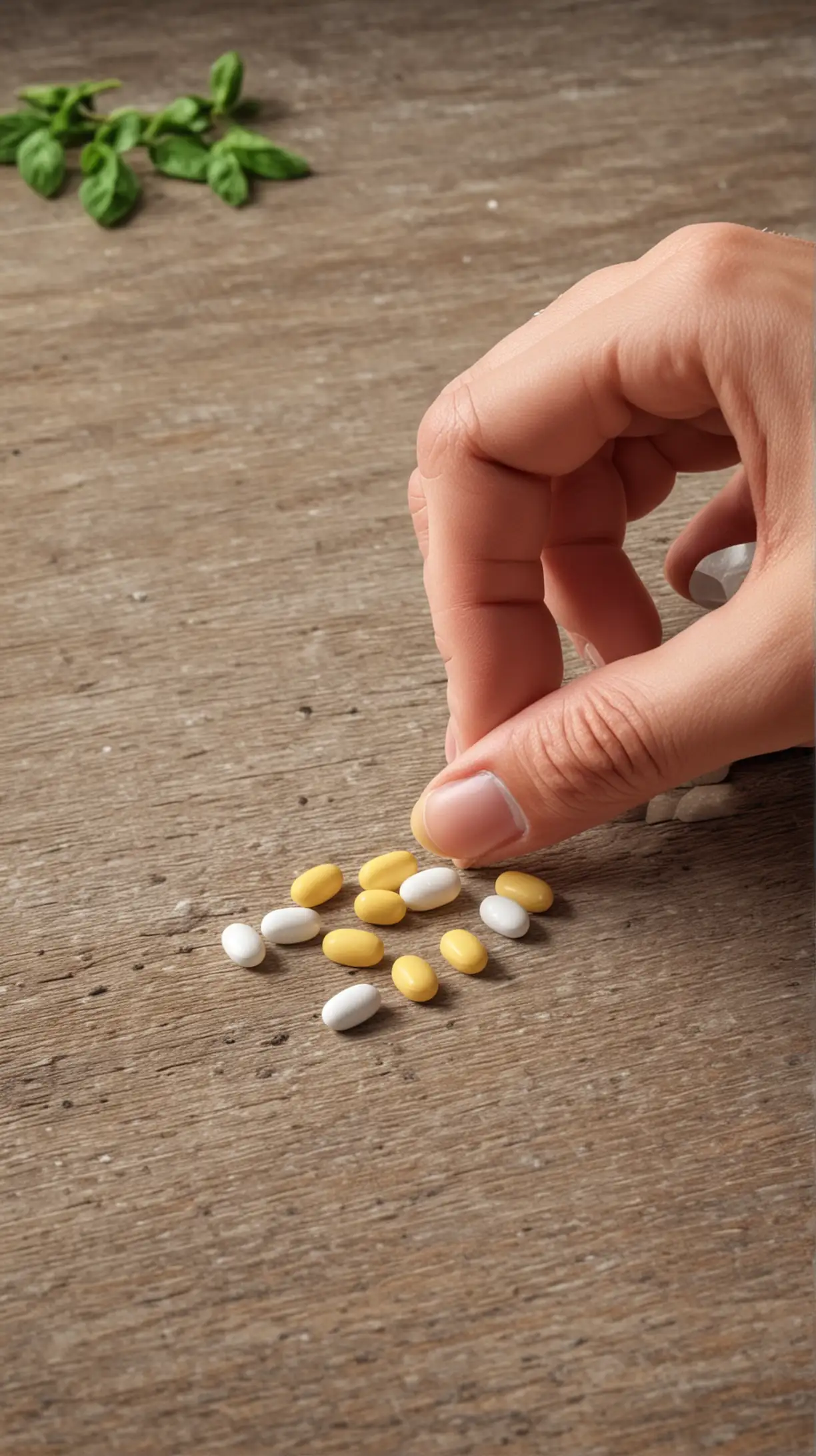 hand picking a luteolin pill from a table, 4k, HDR, hyper-realistic