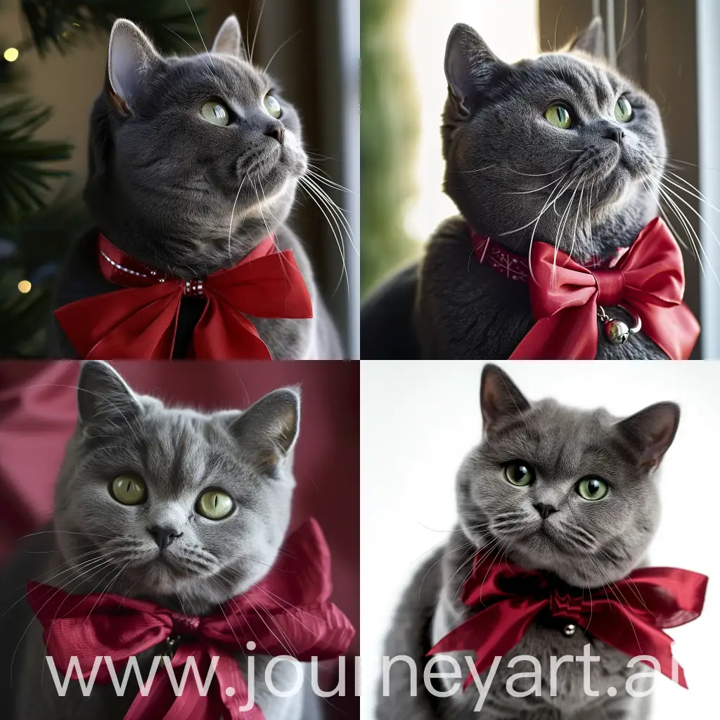 Gray-British-Cat-with-Red-Bow-and-Green-Eyes
