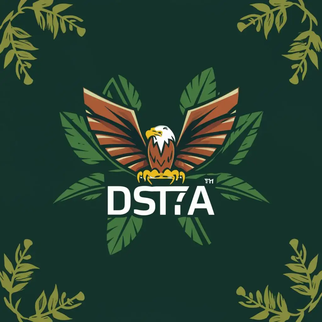 a logo design,with the text "DSTA", main symbol:Eagle fly holding book, with green leaves, red background,Moderate,be used in Finance industry,clear background