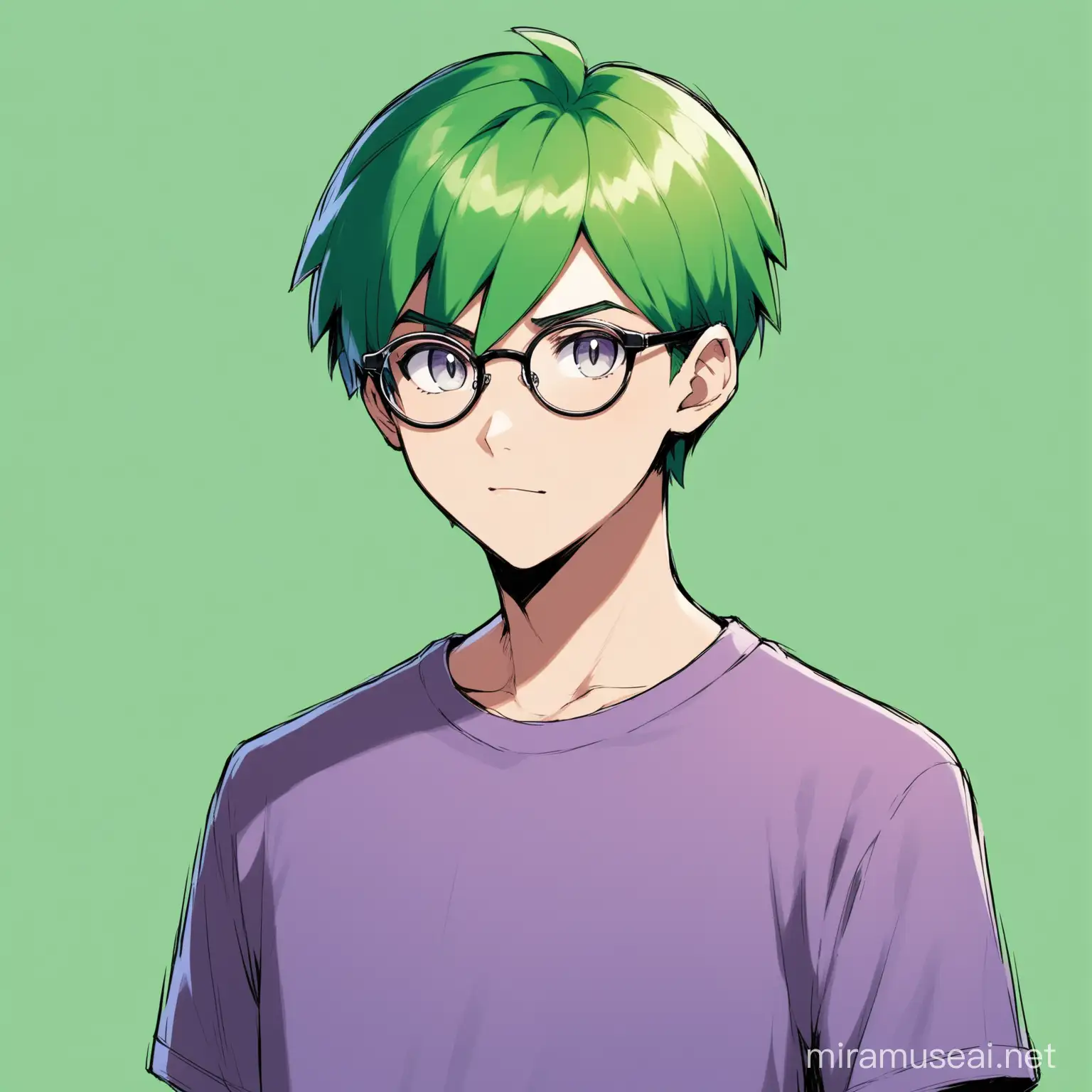 Pokemon style, green short haired, young man, grey eyes, glasses, purple shirt