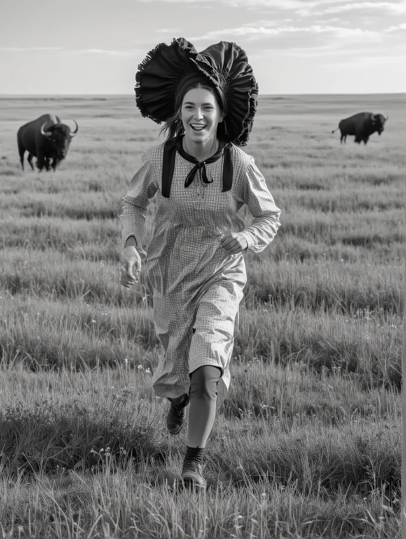 Pioneer Woman Running through Buffalo Prairie Landscape