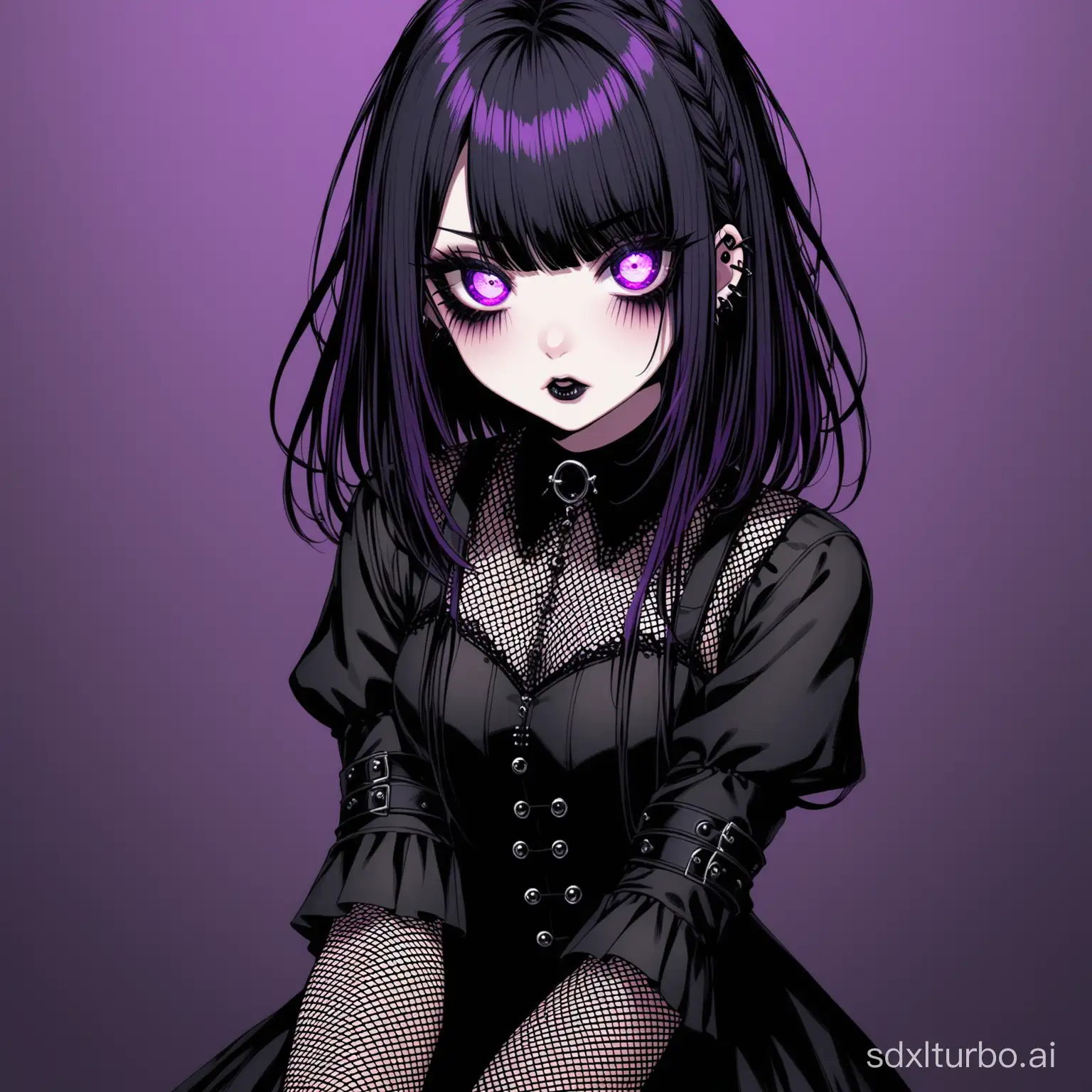A goth girl with fishnets, dyed hair, and hypnotized eyes