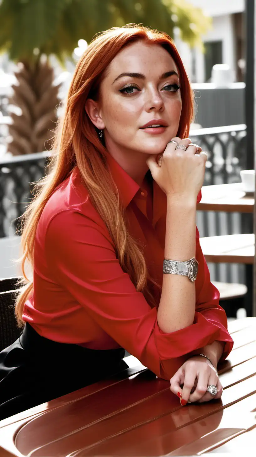 Lindsay Lohan in a Dreamy Pose at a Caf Terrace