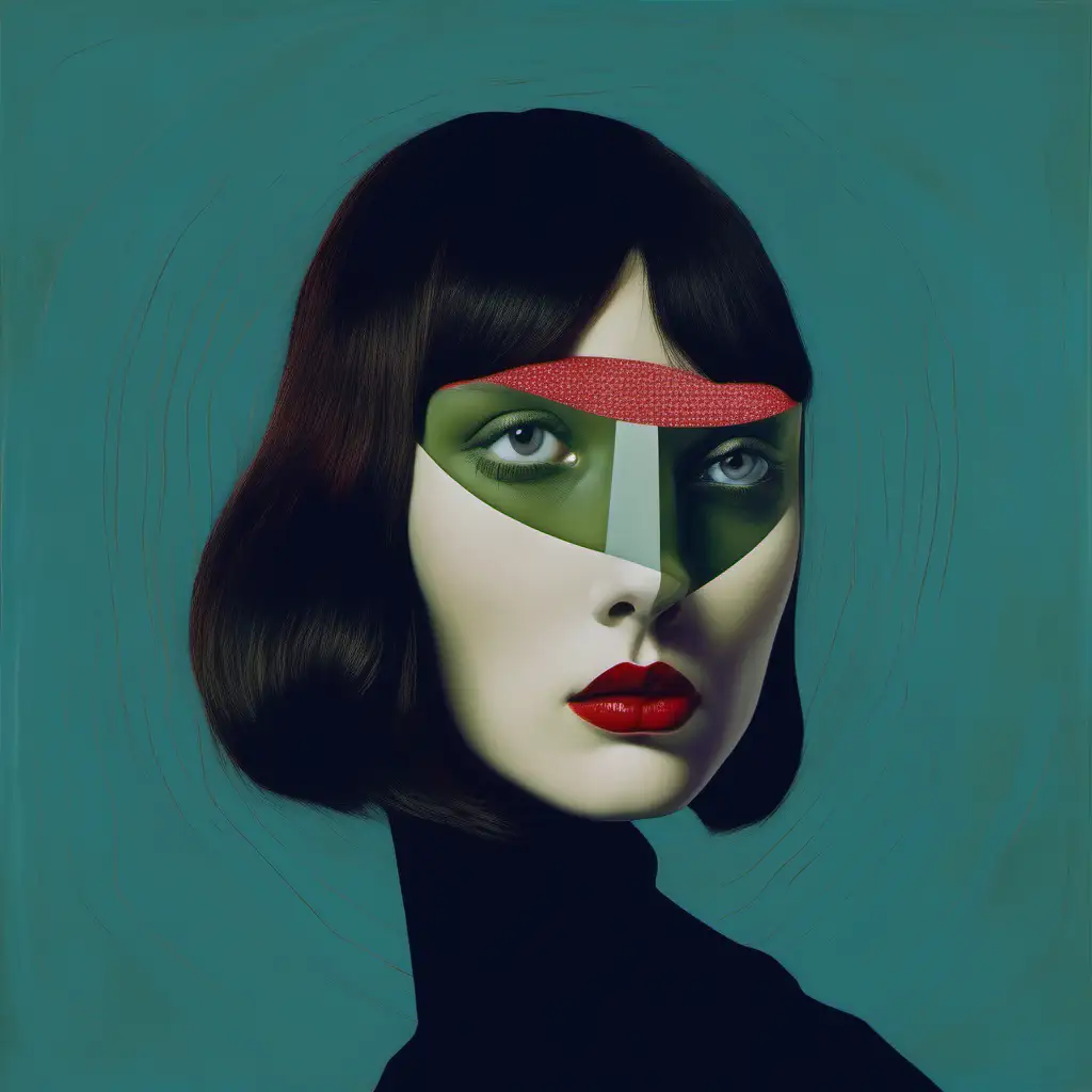 a portrait in surrealist style, a model's face with a big eye across her face in olive green and red colors
