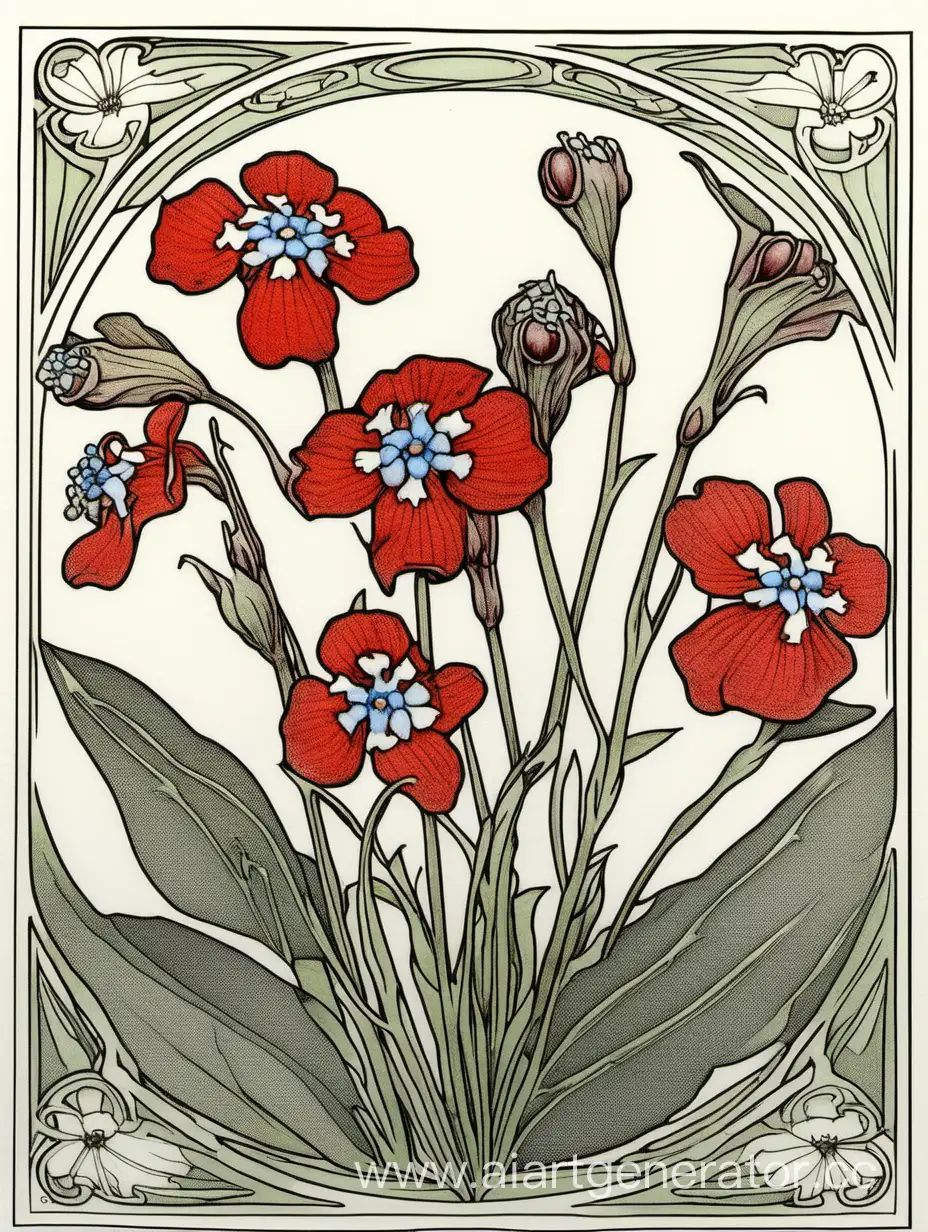 Elegant-Red-Myosotis-Floral-Illustration-in-Art-Nouveau-Style