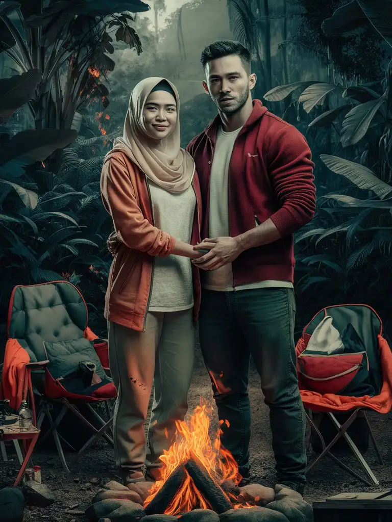 foto ultra Realistis dari pasangan indonesia suami dan istri ( berhijab ) berumur 25 tahun mengenakan jaket Casual bertulisan " MARRON ", sepatu kets, berdiri dengan gaya mesra, di tengah hutan tropis dengan perlengkapan kemping lengkap beserta api unggun yang menyala, Efek dramatis, karikatur yang sangat detail, foto yang sangat realistis.