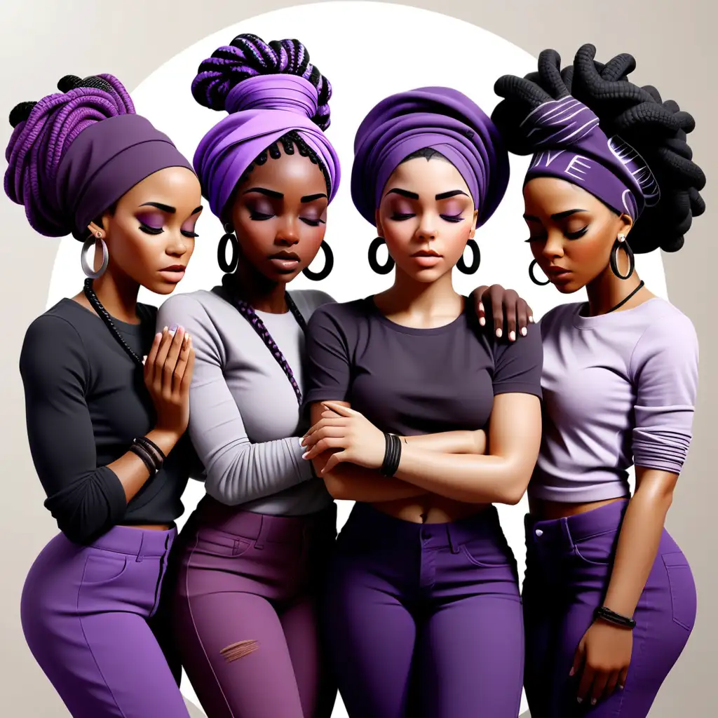 Create an airbrush image of three beautiful black women in a circle with joined hands with purple and black braids pinned up with head wrap with a black shirt with the words Covered written on it, purple pants and black flats on feet, each woman has on makeup, praying with eyes closed.  On the wall is vision board of people to pray for.  