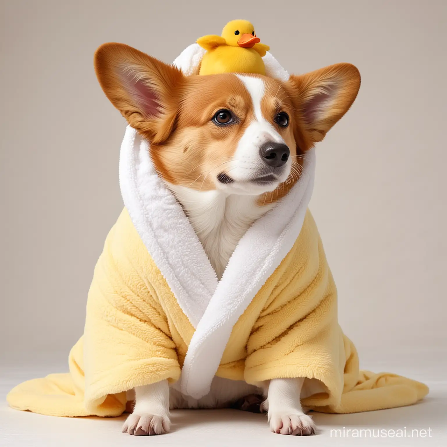 Adorable Corgi in Bathrobe with Duck Hat on White Background
