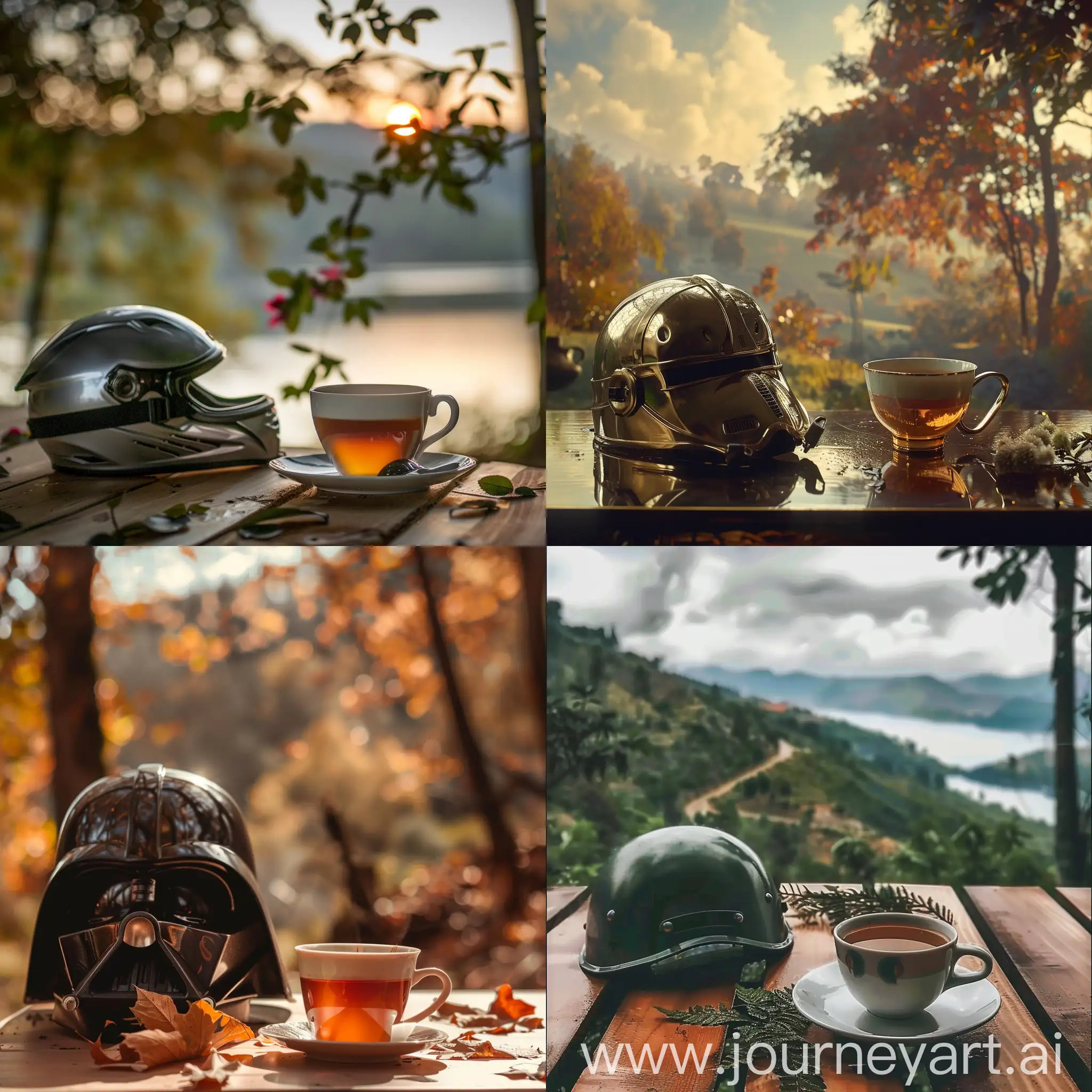 a cup of tea near a helmet on a table and beautiful natural background