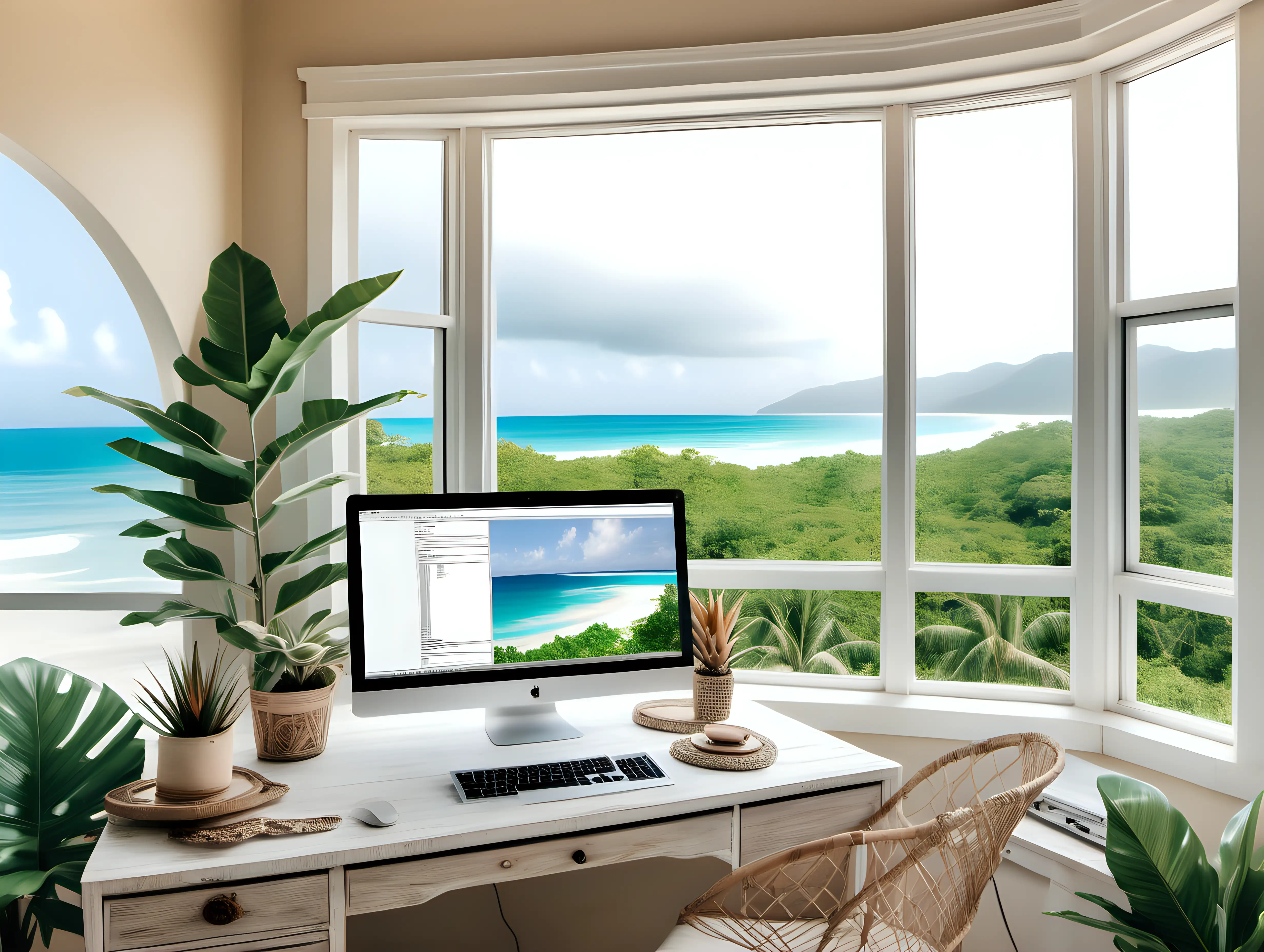 computer sitting at a desk near a large window overlooking a tropical landscape, neutrals, light and bright, boho decor, beachy, classy