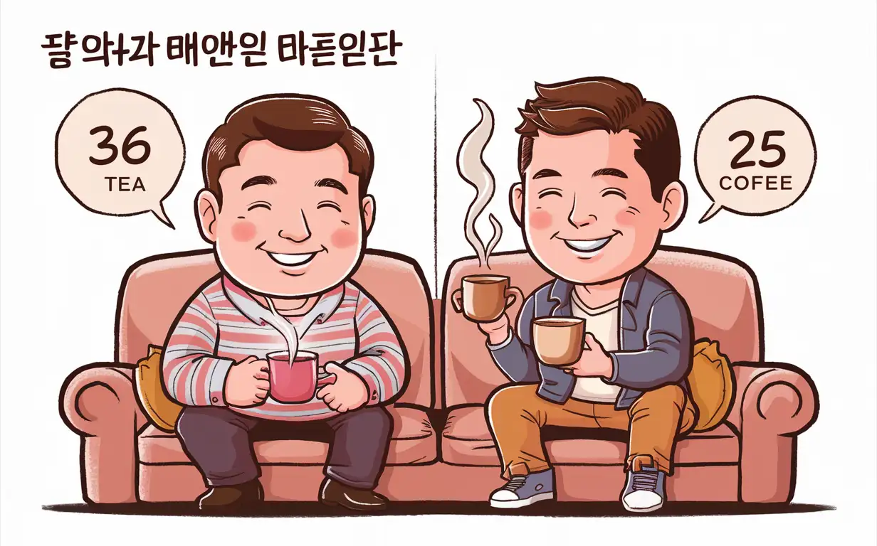 Two men are sitting on the sofa with smiling expressions. On the left is a 36-year-old man holding a cup of tea, and on the right is a 25-year-old man holding a cup of coffee. Simple hand-drawn style, Korean comic style