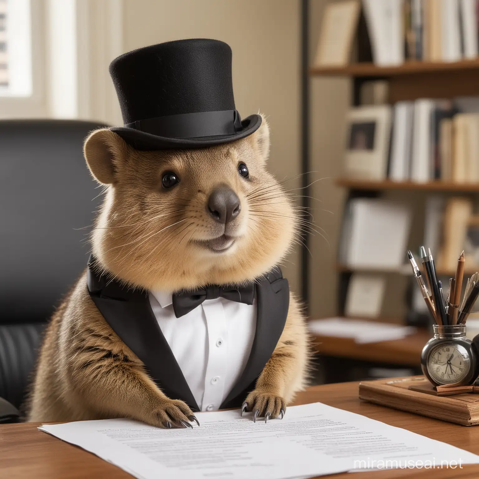 Quokka in Tuxedo with Top Hat and Monocle in Office | MUSE AI