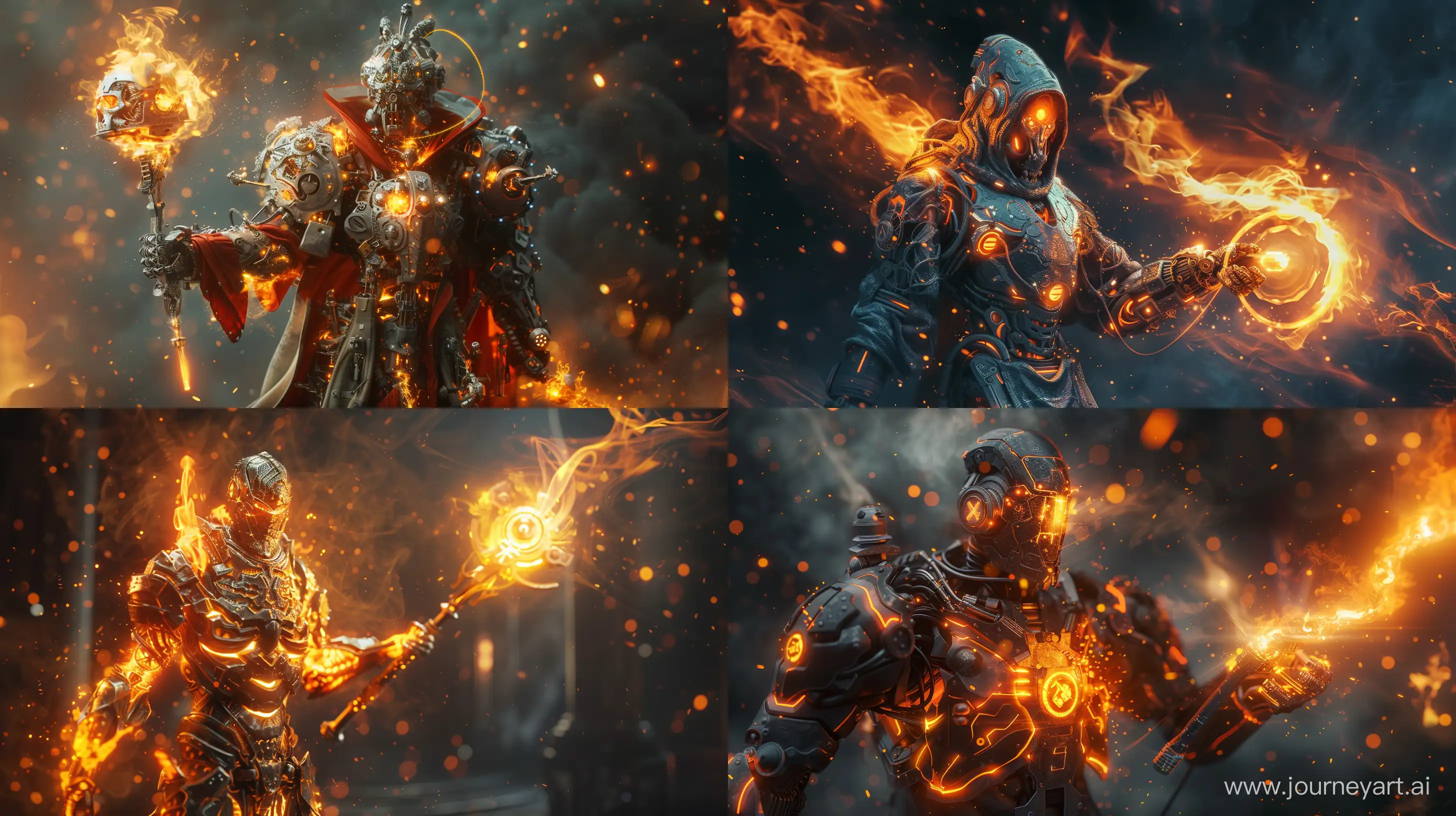 fiery cyborg mage holding a machine wand with intricate design, elaborate machine details, engulfed in flames, cinematic lighting, breathtaking --v 6.0 --style raw --ar 16:9