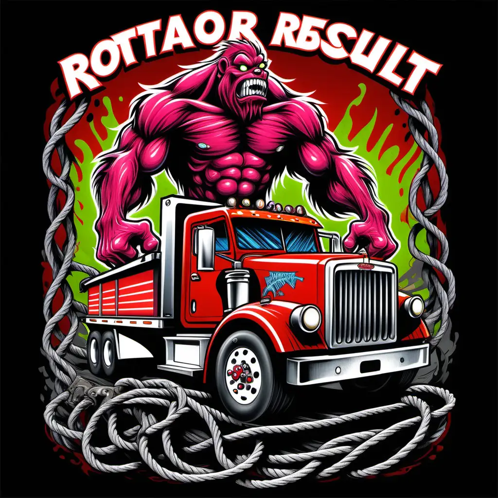 Rotator Rescue Peterbilt red truck rear  drawn in rat fink style with a bigfoot character aggressively pulling tow ropes from wrecked car shirt design