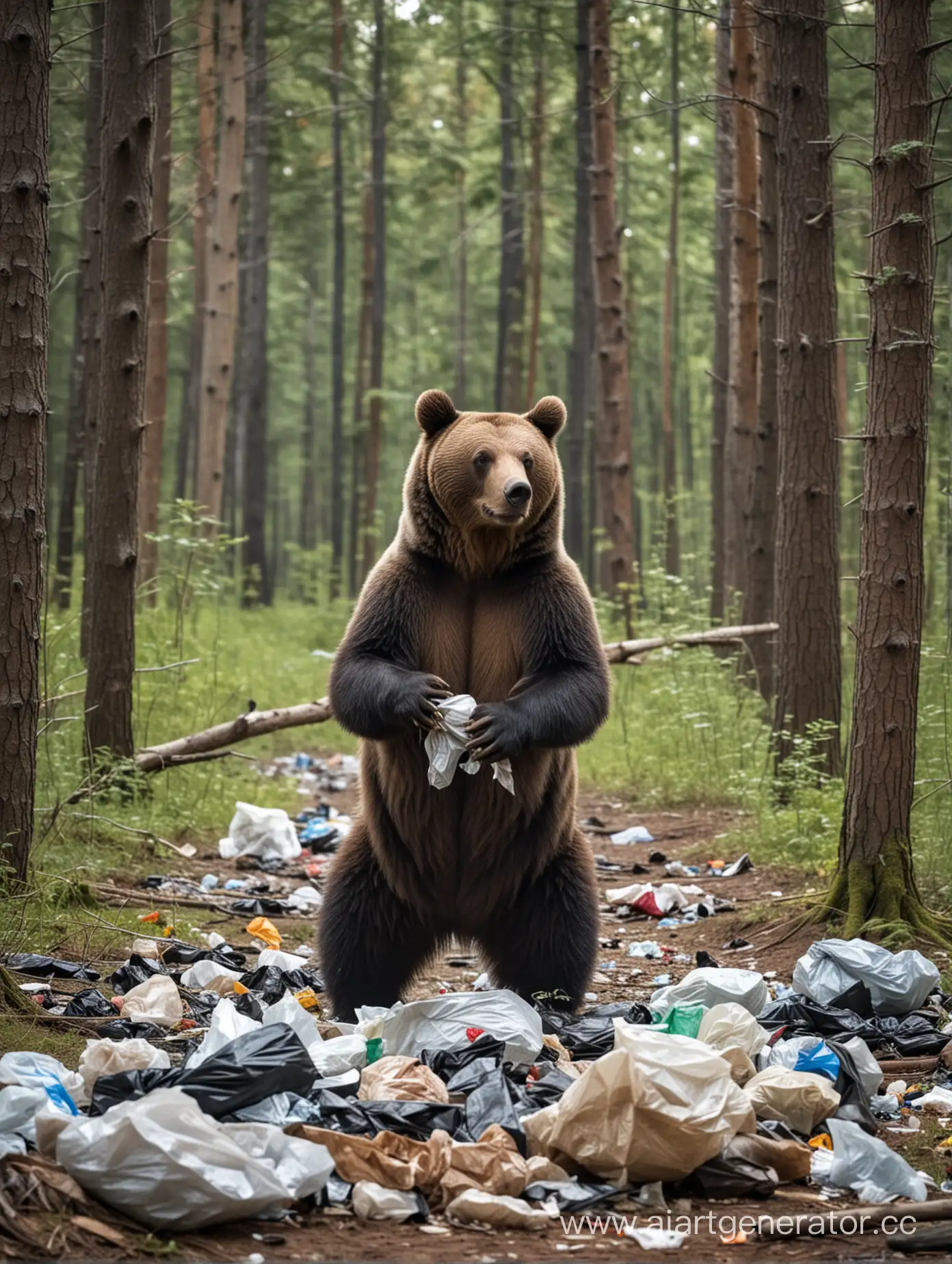 медведь убирает мусор на полянке посреди леса