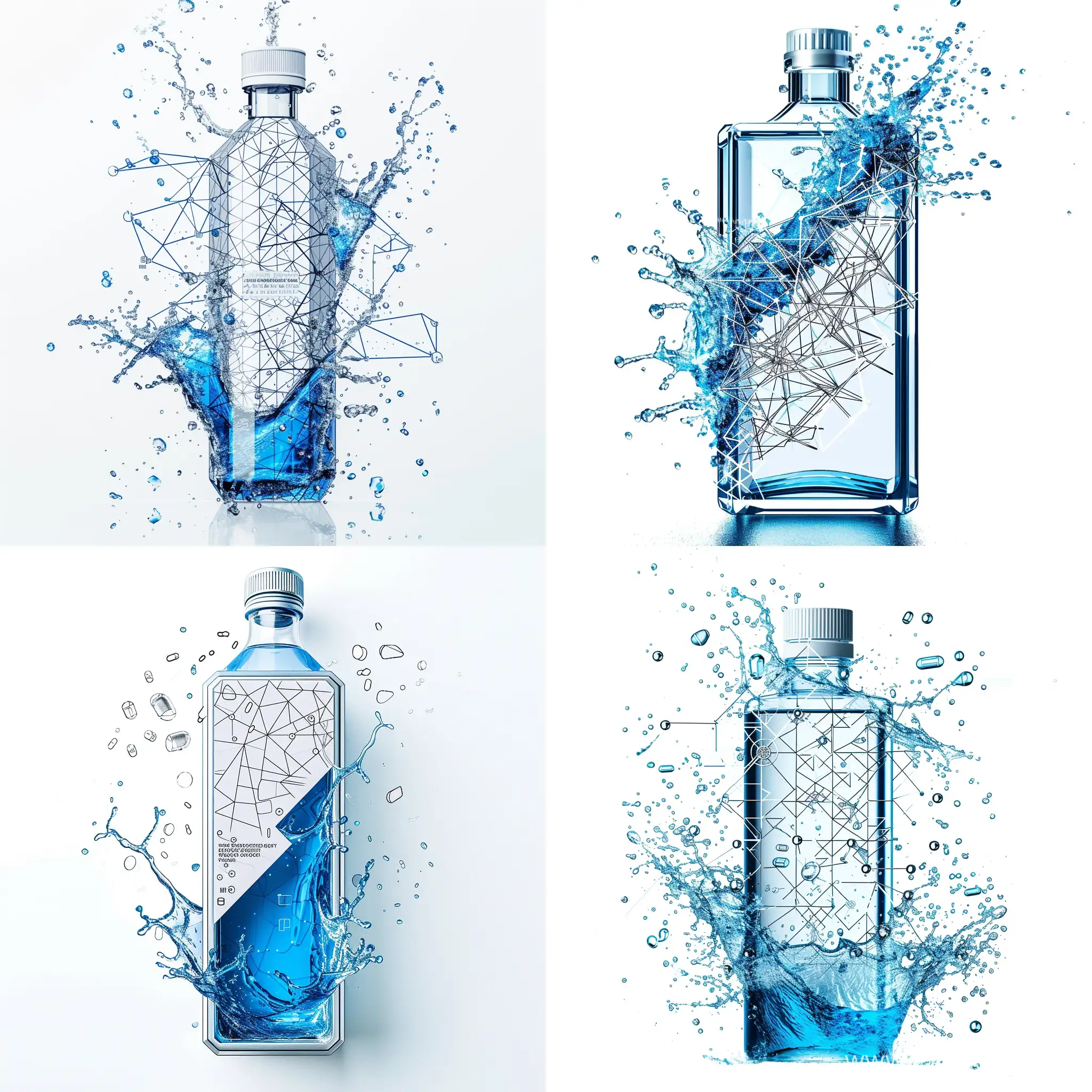 beverage rectangular bottle front view, blue water splash, minimalistic graphic design, high tech graphic design, medical look like, innovative design, graphic design label, best product graphic design, label with geometrical figures