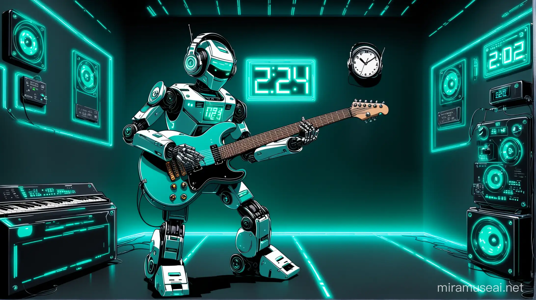 robot with headphones playing guitar. Robot playing guitar in green , blue and black room. Robot have rock n roll sign with fingers. There is futuristic digital clock showing 22h