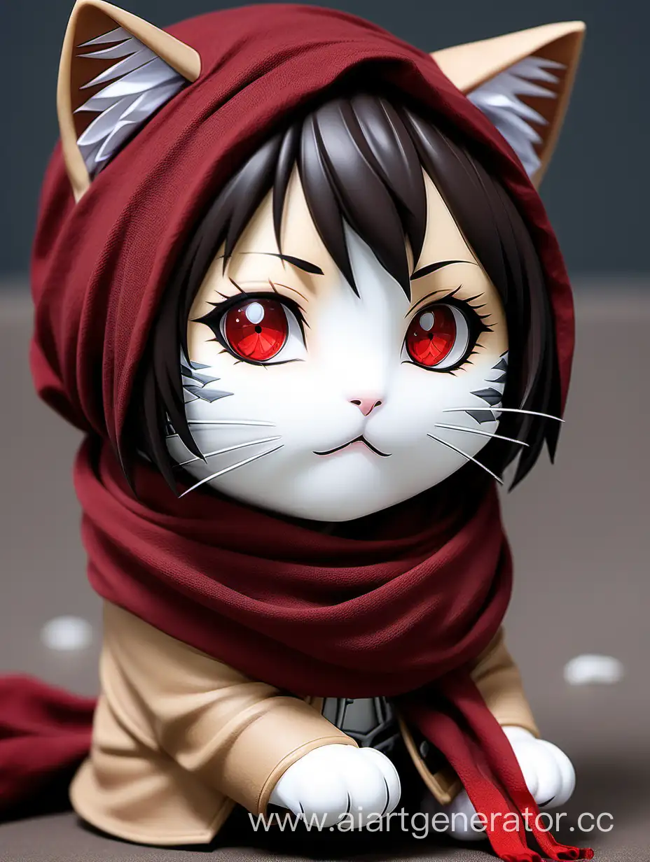 Милый котик в образе Микасы с красным шарфом из Атаки на титанов