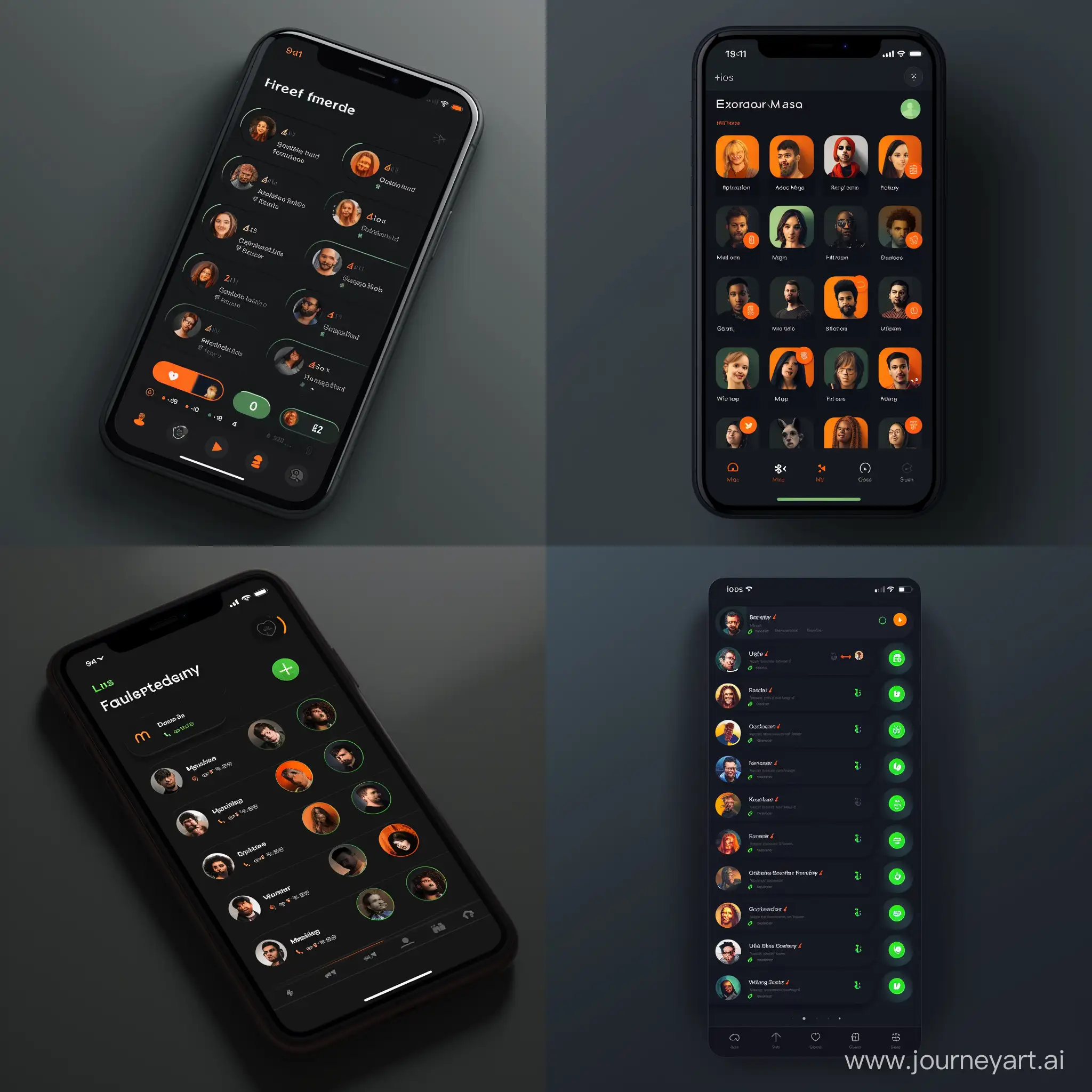 modern ios app list of friends with icons
main color - dark
color 1 - green
color 2 - orange
