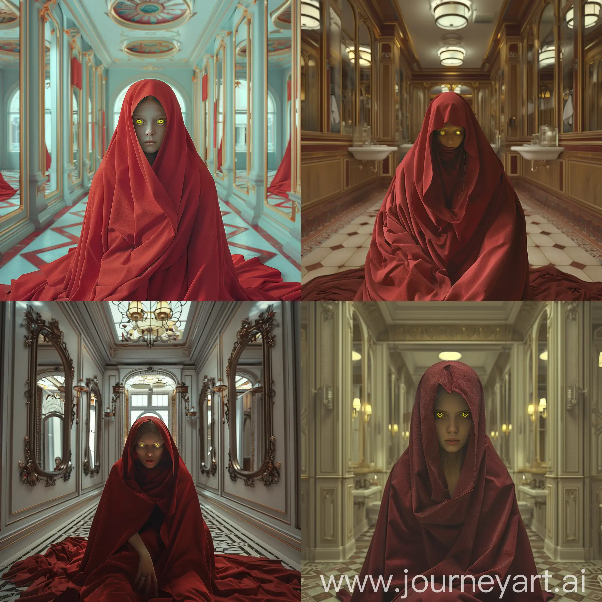 Mystical-Woman-in-Red-Cloak-Contemplating-in-Mirrored-Bathroom