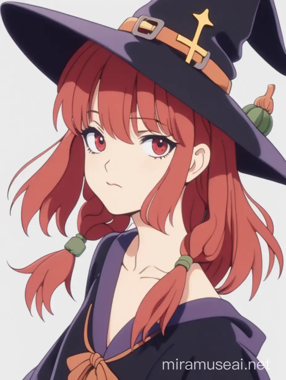 Dans le style des animations japonaises : Une femme de 18 ans, cheveux roux court, habiller en sorcière.