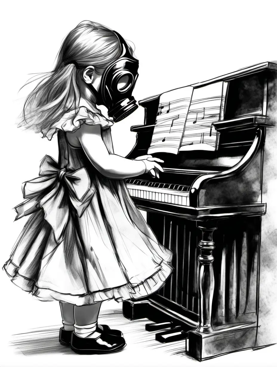 Young Pianist in Vintage Dress and Gas Mask Capturing Historical Moment