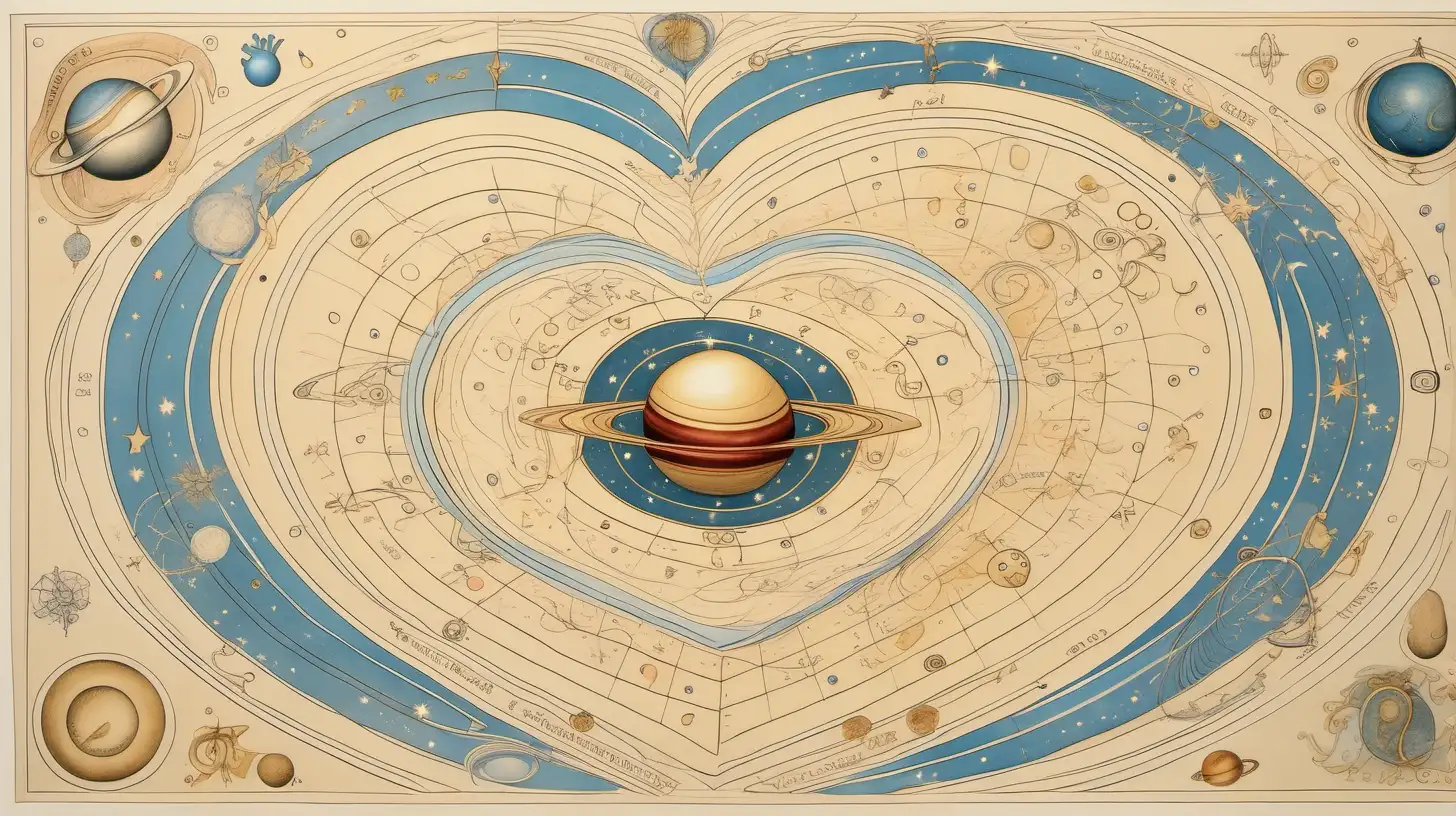 astrological chart and saturn, loose lines, on very light beige page , etching,  swirling vortexes, playfully intricate, puzzle-like elements , baby blue and light gold, heart shapes