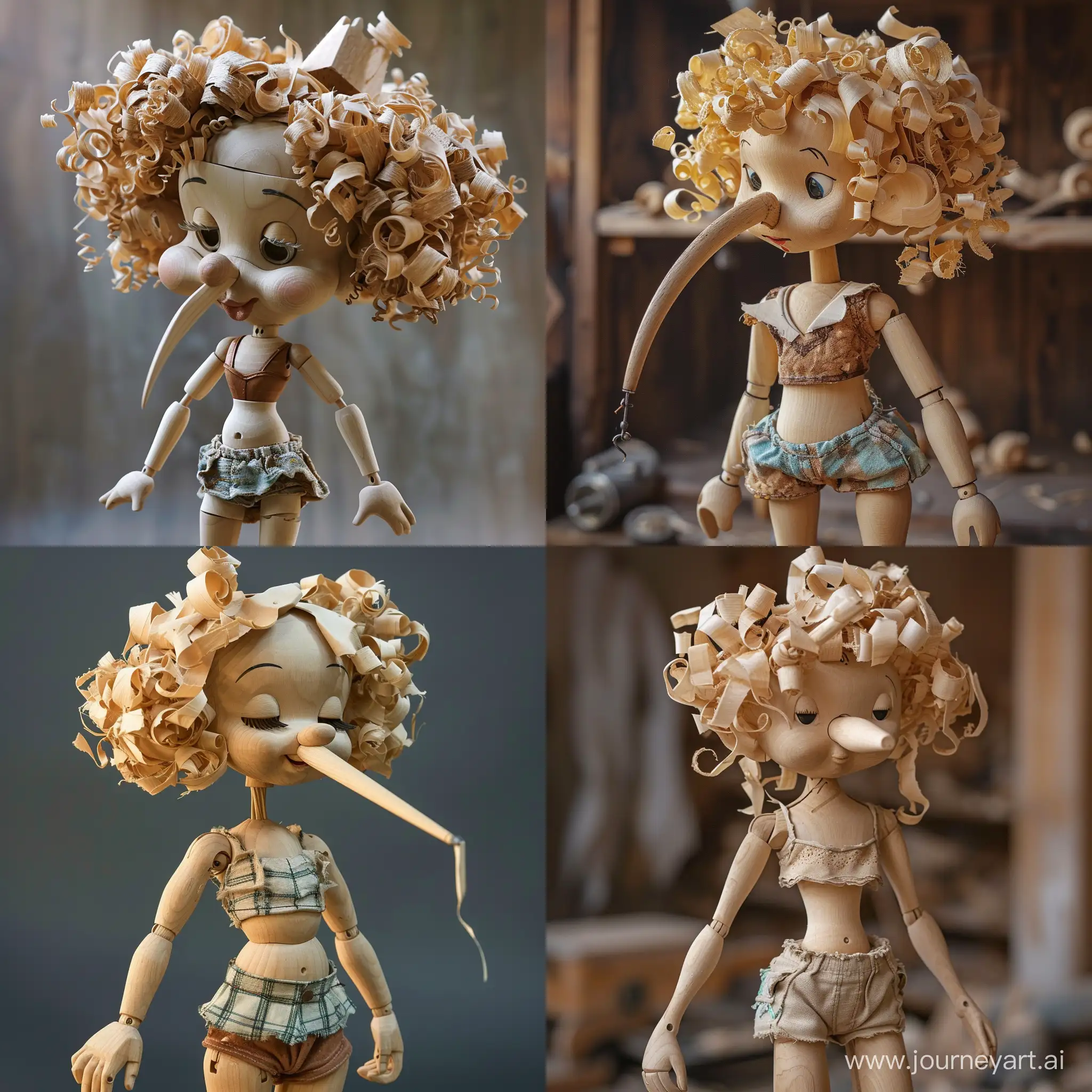 Wooden Pinocchio doll from Carlo Collodi (Le avventure di Pinocchio). Pinocchio is in the image of a girl wearing a top and shorts. Pinocchio is feminine. Pinocchio-girl with a very long wooden nose like Pinocchio-boy. Curly hair consisting of wood shavings from a planer