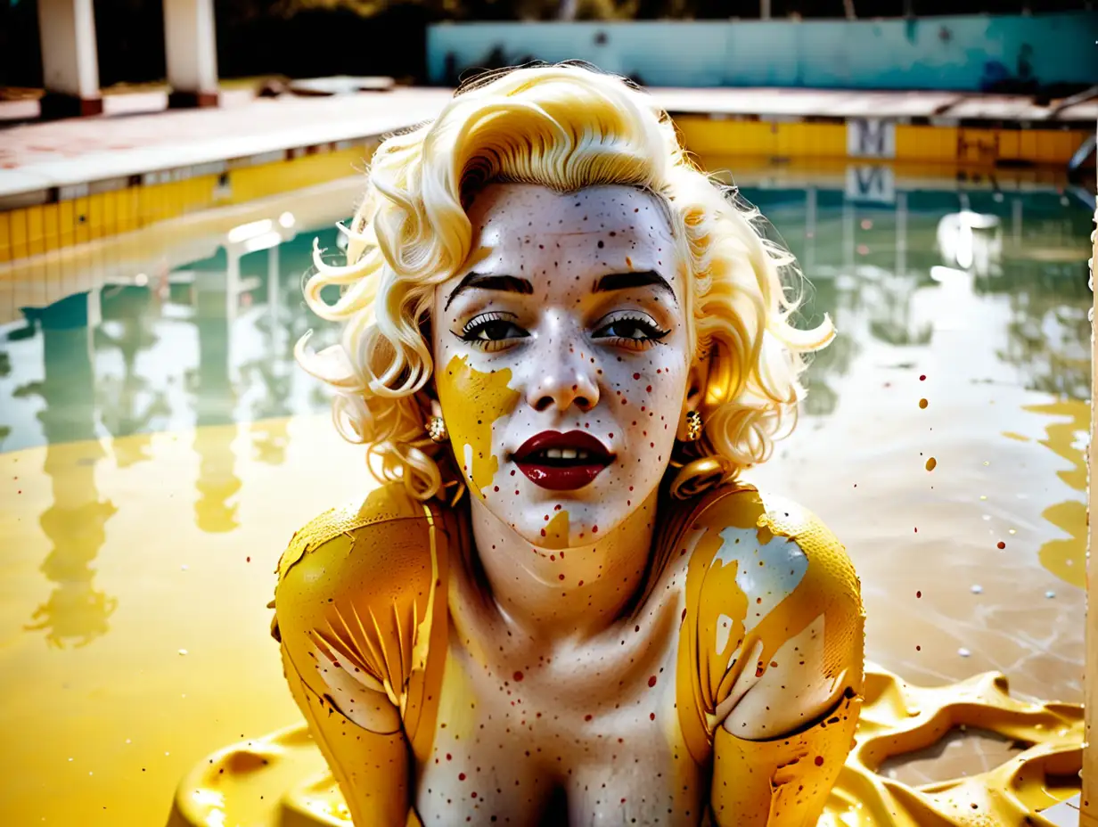 Freckled Marilyn Monroe in Vibrant Yellow Paint within an Empty Swimming Pool