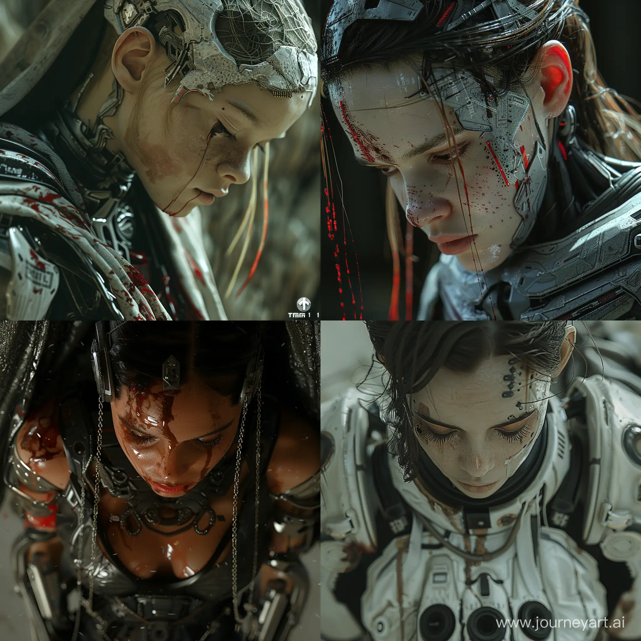 realistic cyborg girl , looking down, cinematic, dark, prime 1 studio, (awe-inspiring:1.1), majestic, pompous, (floating in mid-air:1.5), (leviating:1.5), extreme detailed, flowing cape, chiaroscuro, harsh shadows, bloody highly detailed --style raw --stylize 500