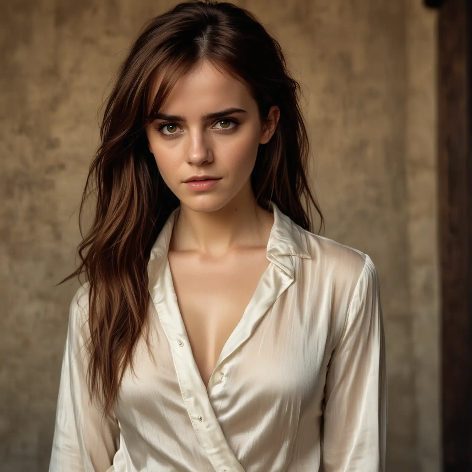 Dans marché aux esclaves, vue de face, id photo, plan poitrine,  Emma Watson, cheveux très long, frange scindée en deux, regard soumis expression de désespoir, luxueuse Chemise manches longues en soie Femme ivoire ouverte