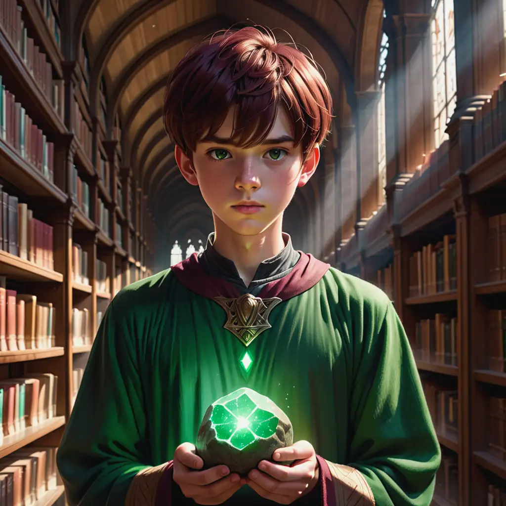 teenage boy medium distance away from the viewer, with short burgundy hair, bangs, suspicious look, wearing a long-sleeved tunic, clean,  holding a glowing green lump of rock, in an ancient library