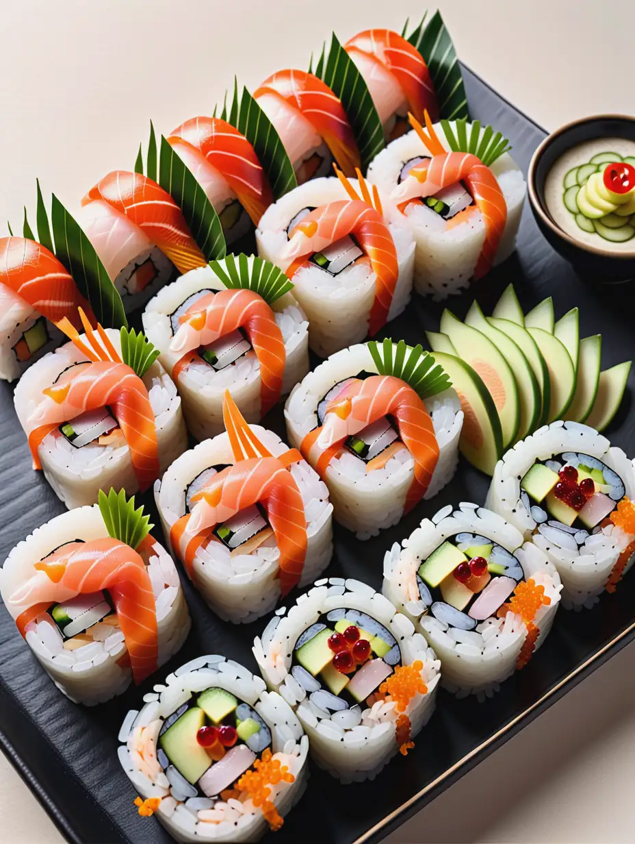  sushi rolls with altered arrangements of fish and vegetables.