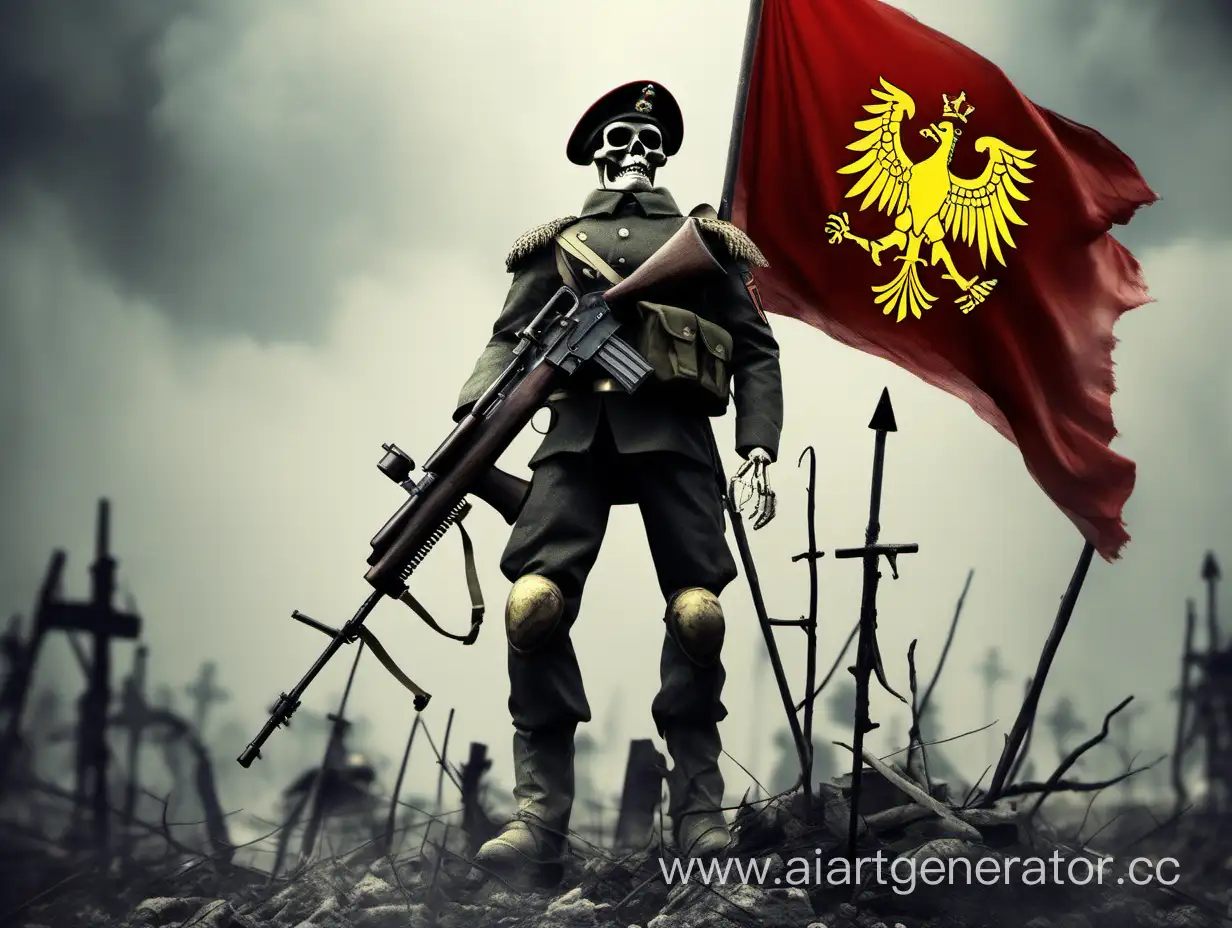 Solemn-Skeleton-Soldier-with-Red-Flag-and-Emblem-of-DoubleHeaded-Eagle