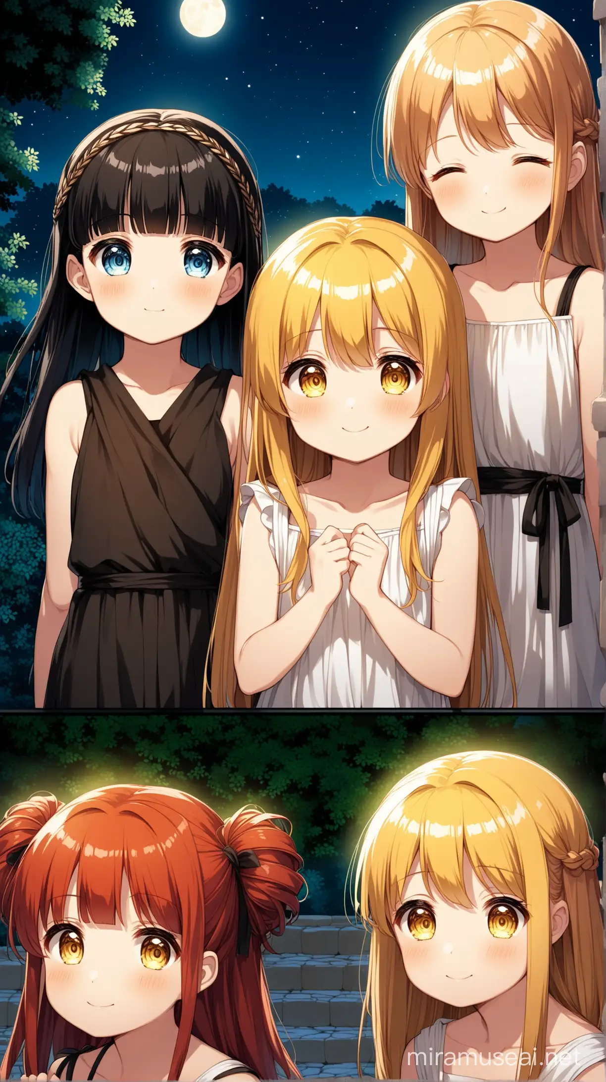 Three Anime Loli in Greek Chitons Under Dim Night Light