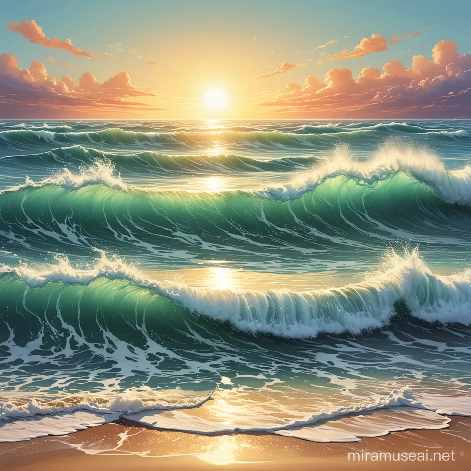 light waves turning into ocean waves. color sketch art style

