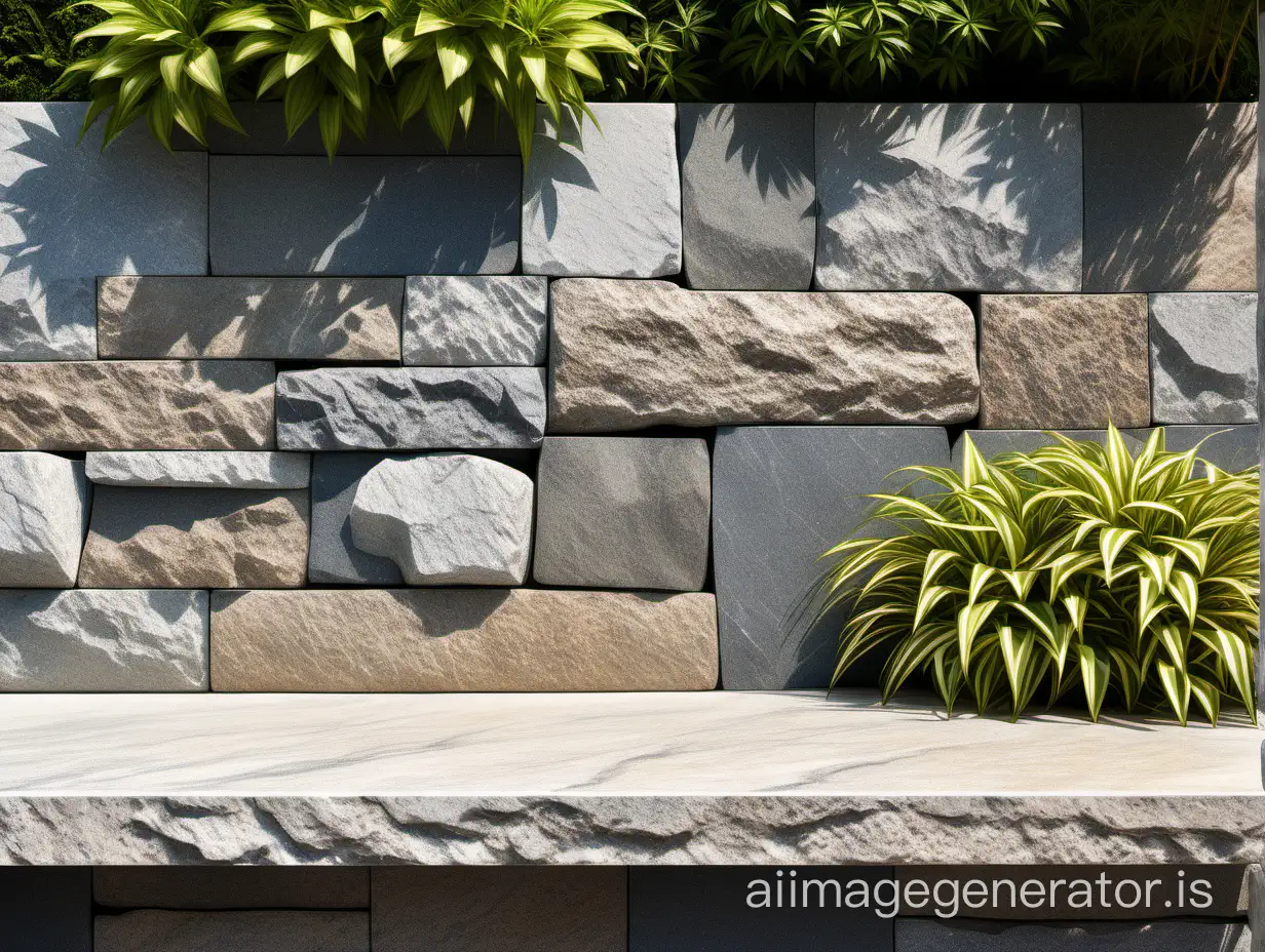 Product placement background of an outdoor stone ledge in front of a smooth granite wall with plants with sunlight lighting from the top right